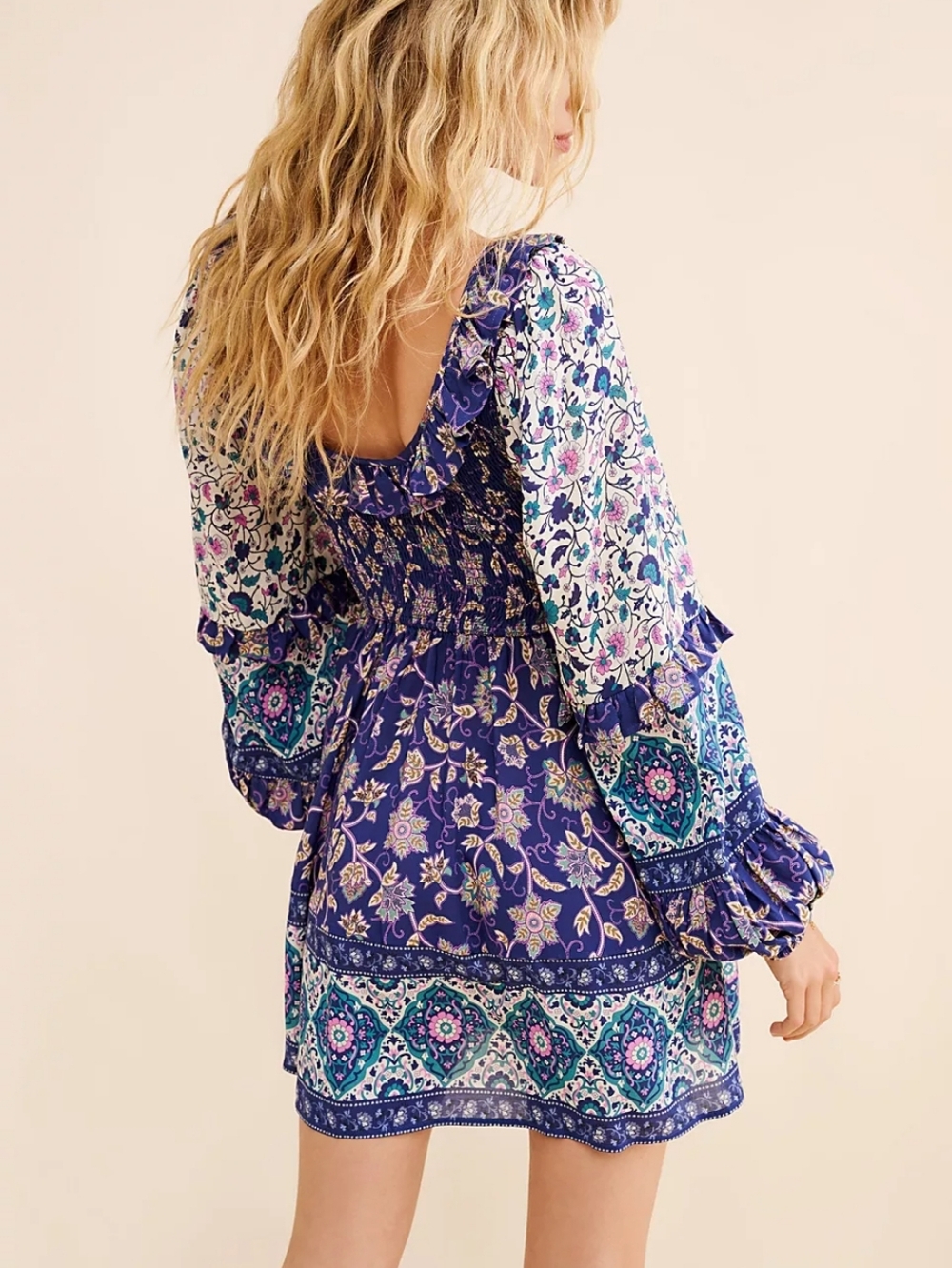 Spell Clairvoyant Bohemian Floral Long-Sleeve Mini Dress in Blue - Picture 3 of 8
